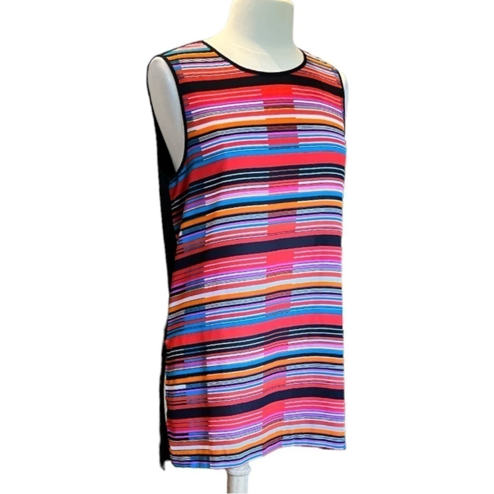 Vince Camuto Stellar Red Orange and Teal Stripe Solid Black Back Tunic Size M